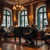 Ein Mann in feiner Kleidung spielt Jazzmusik auf einem Klavier.