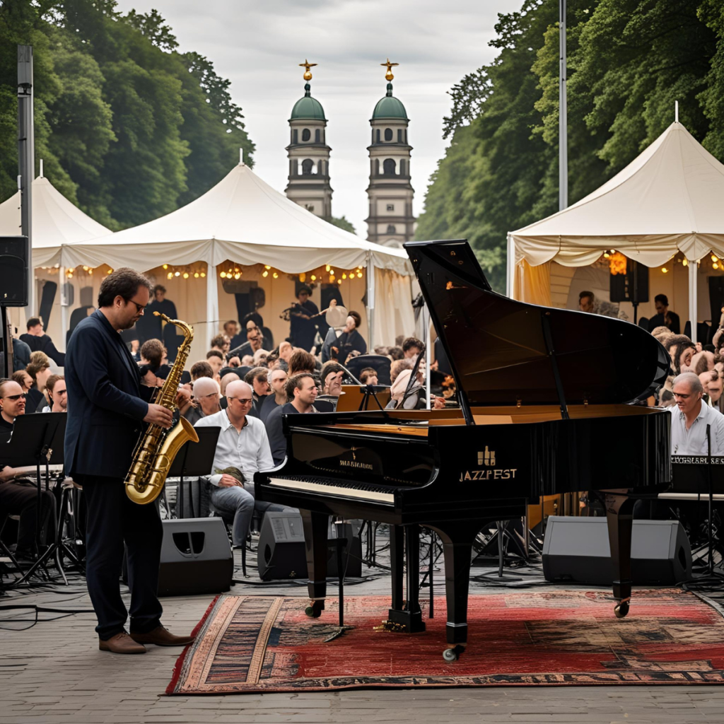 Ein Mann sitzt am Klavier und spielt Jazz-Musik, daneben steht ein weiterer Mann, der auf einem Saxophon musiziert.